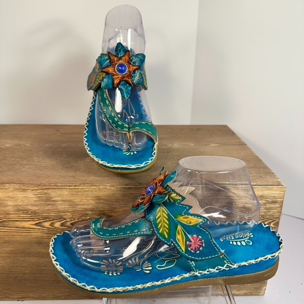 Spring Step BAJAN Turquoise Leather Artisan Sandals Womens 39- 8.5 Boho Festival